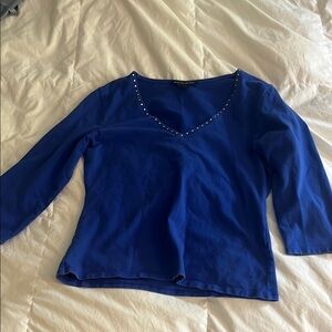 Ann Taylor Blue Embellished 3/4 Sleeve Fitted Blouse